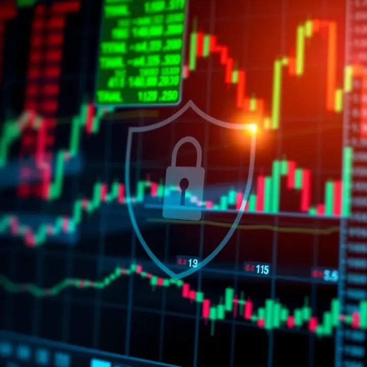 Security shield symbol overlaying digital financial charts depicting secure trading operations