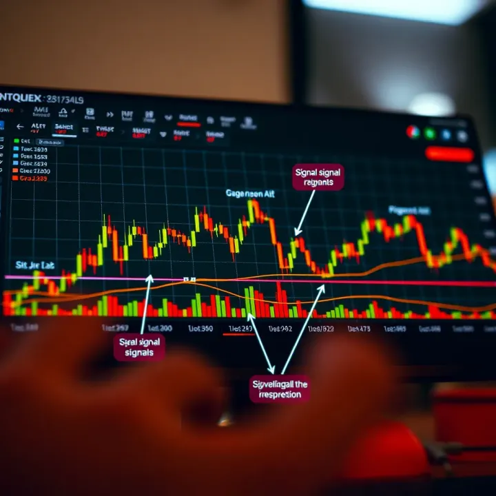 Graph depicting various signal types on Quotex trading platform with annotations for interpretation