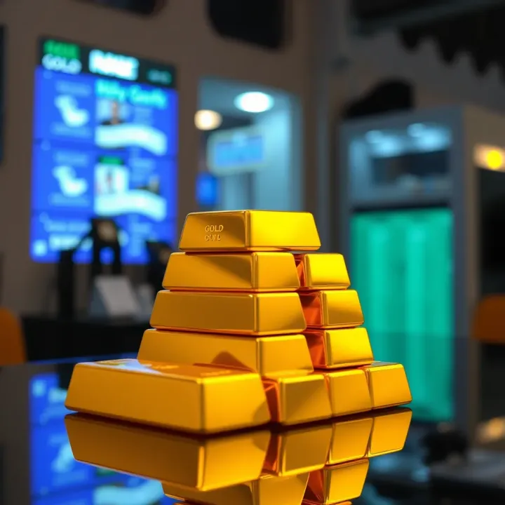 Gold bars of different standard weights stacked together on a reflective surface